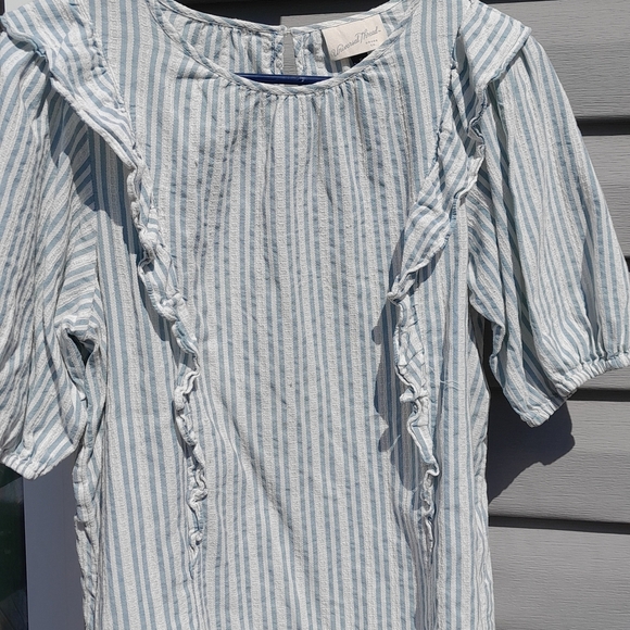 Universal Thread Women's Striped Ruffle Blouse - M Green and White 100% Cotton - Picture 3 of 6